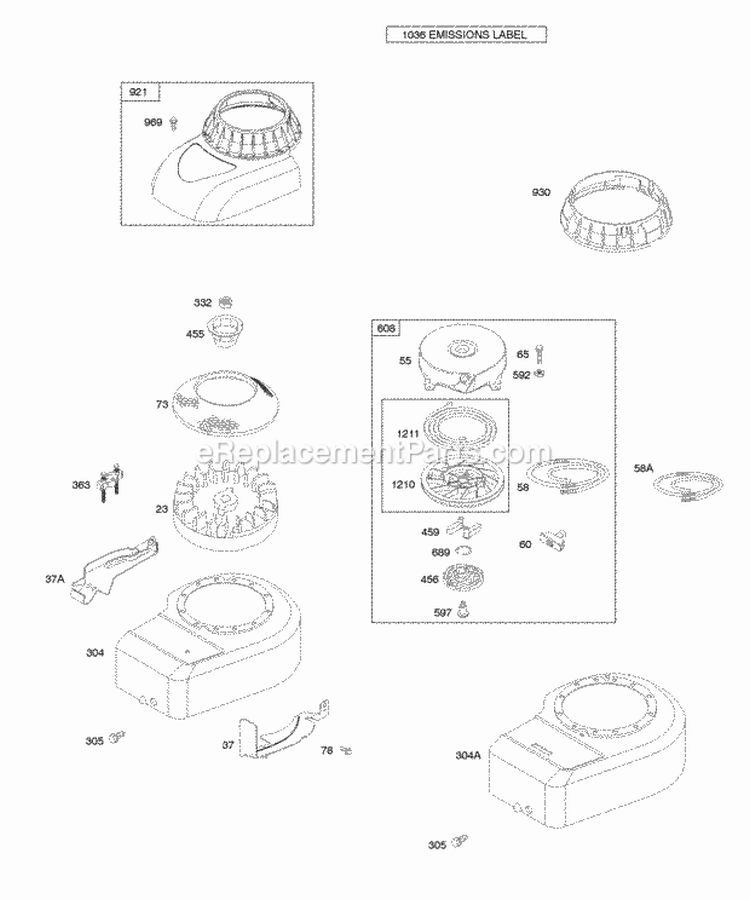 Blower HousingShrouds Flywheel Rewind Starter Diagram and Parts List for 10J912-0137-E1  Briggs and Stratton Engine